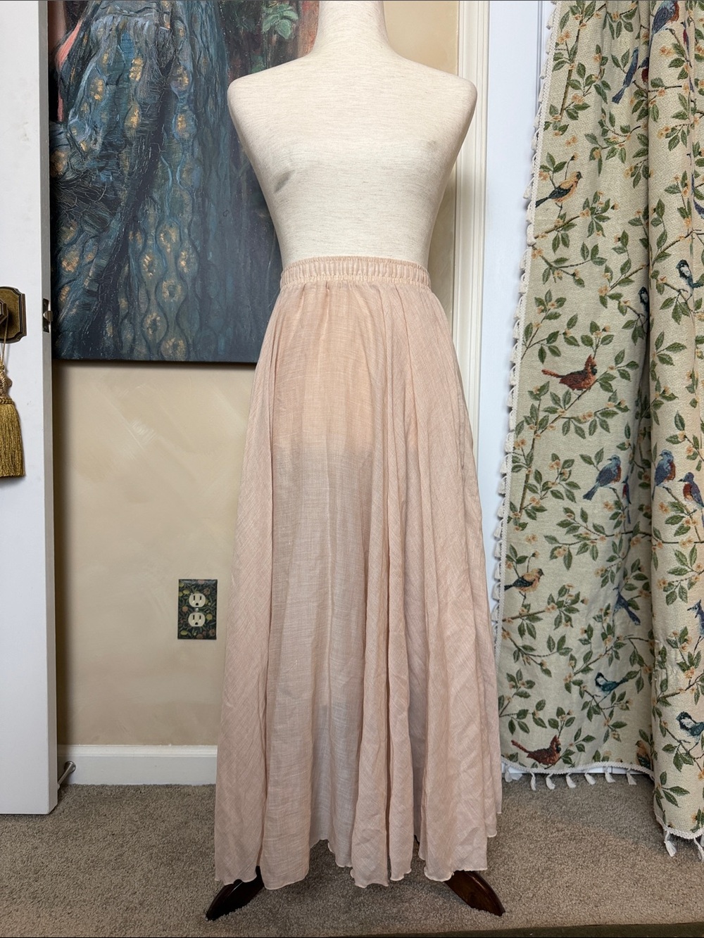 Cream/Light Pink Women's Maxi Skirt - Flowing Layered Design
